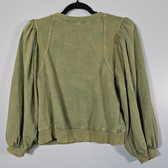 JODIFL Olive Green Puff Sleeve Sweatshirt Top Women Size S Cotton Blend - Picture 2 of 6